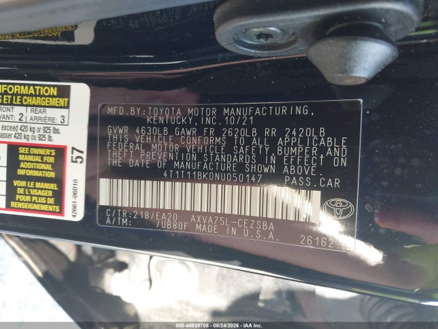 Aukcja sprzedaży 2022 Toyota Camry Se Awd, vin: 4T1T11BK0NU050147, numer aukcji: 45939708