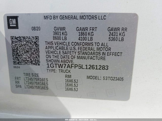 Продаж на аукціоні авто 2020 Gmc Savana Cargo Rwd 2500 Regular Wheelbase Work Van, vin: 1GTW7AFP5L1261283, номер лоту: 45939716