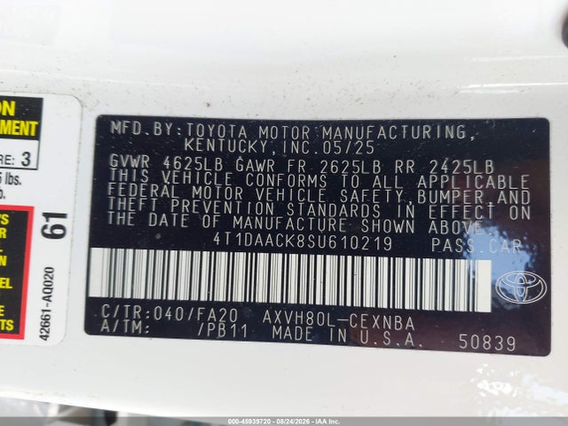 45939720 :رقم المزاد ، 4T1DAACK8SU610219 vin ، 2025 Toyota Camry Le مزاد بيع