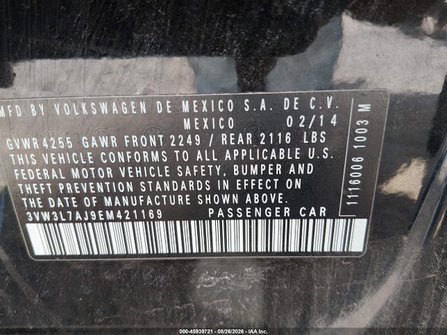 Aukcja sprzedaży 2014 Volkswagen Jetta 2.0l Tdi, vin: 3VW3L7AJ9EM421169, numer aukcji: 45939721