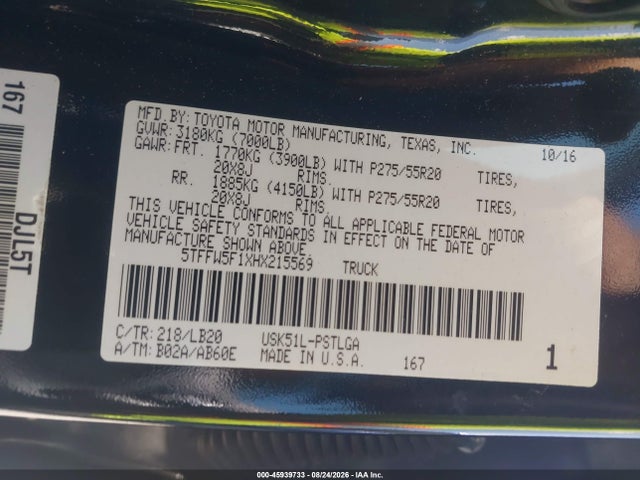 Продажа на аукционе авто 2017 Toyota Tundra Limited 5.7l V8, vin: 5TFFW5F1XHX215569, номер лота: 45939733