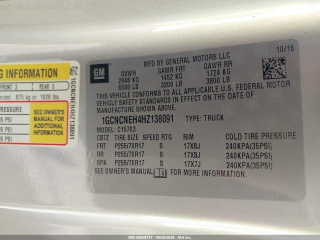 2017 Chevrolet Silverado 1500 Ls მანქანა იყიდება აუქციონზე, vin: 1GCNCNEH4HZ138091, აუქციონის ნომერი: 45939737