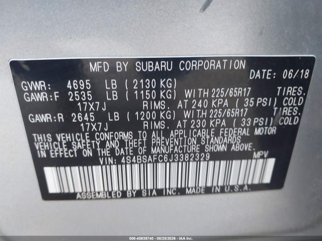 Aukcja sprzedaży 2018 Subaru Outback 2.5i Premium, vin: 4S4BSAFC6J3382329, numer aukcji: 45939740