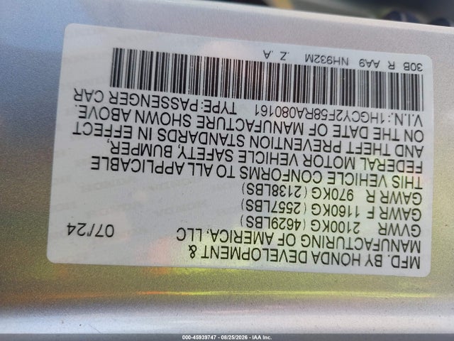 Aukcja sprzedaży 2024 Honda Accord Hybrid Sport, vin: 1HGCY2F58RA080161, numer aukcji: 45939747