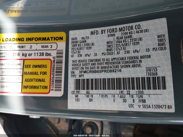 Продажа на аукционе авто 2023 Ford Bronco Sport Big Bend, vin: 3FMCR9B65PRD89216, номер лота: 45939749
