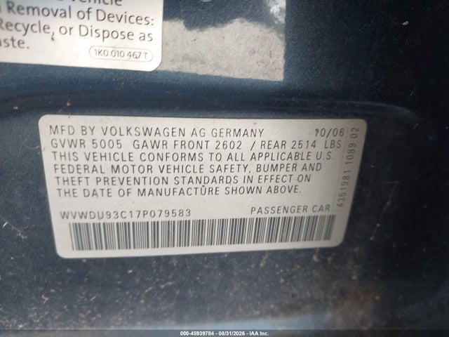 Продаж на аукціоні авто 2007 Volkswagen Passat 3.6, vin: WVWDU93C17P079583, номер лоту: 45939784