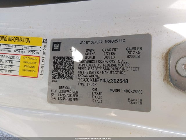 Auction sale of the 2018 Chevrolet Silverado 2500hd Wt, vin: 1GC0KUEY4JZ302548, lot number: 45939789