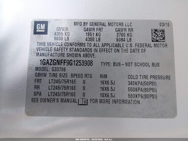 Aukcja sprzedaży 2016 Chevrolet Express 3500 Ls, vin: 1GAZGNFF9G1253908, numer aukcji: 45939792