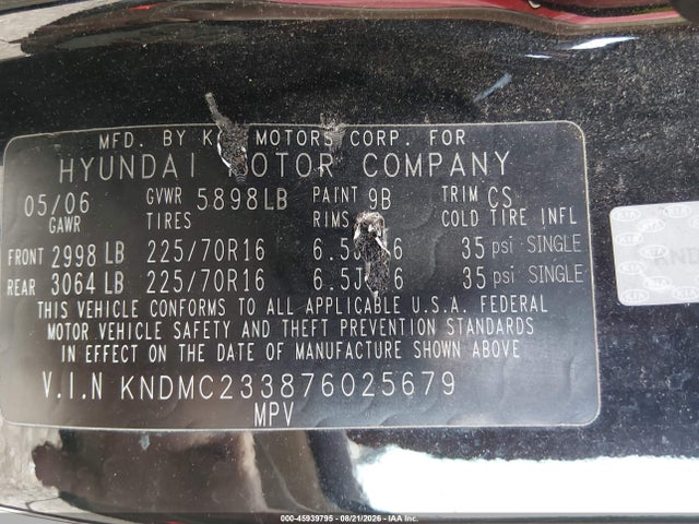 45939795 :رقم المزاد ، KNDMC233876025679 vin ، 2007 Hyundai Entourage Gls/limited/se مزاد بيع