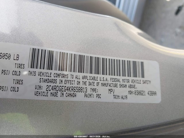Aukcja sprzedaży 2019 Dodge Grand Caravan Gt, vin: 2C4RDGEG4KR658813, numer aukcji: 45939807
