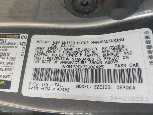 Продаж на аукціоні авто 2007 Toyota Corolla Ce, vin: 1NXBR32EX7Z888425, номер лоту: 45939812