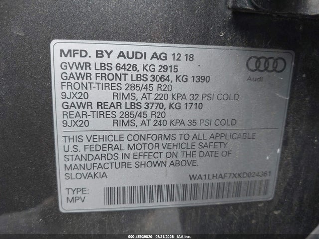 Aukcja sprzedaży 2019 Audi Q7 45 Premium/45 Se Premium, vin: WA1LHAF7XKD024361, numer aukcji: 45939820