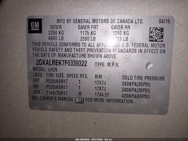2015 Gmc Terrain Sle-2 მანქანა იყიდება აუქციონზე, vin: 2GKALREK7F6339322, აუქციონის ნომერი: 45939824