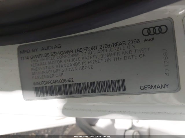 2015 Audi A6 3.0t Premium Plus მანქანა იყიდება აუქციონზე, vin: WAUFGAFC4FN036652, აუქციონის ნომერი: 45939829