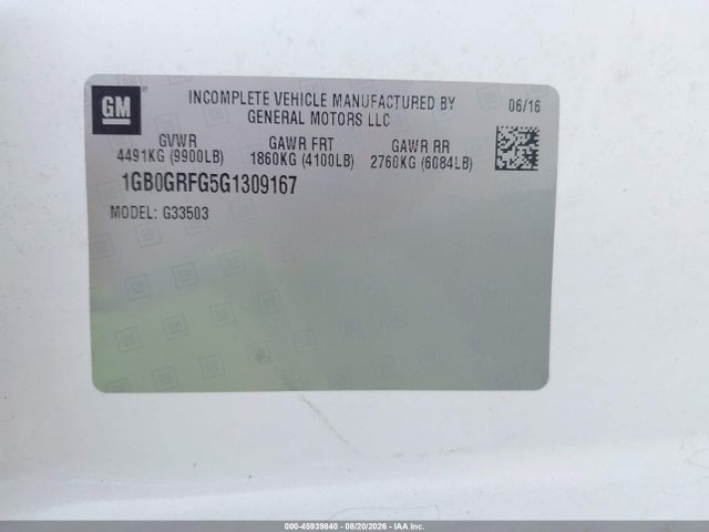 45939840 :رقم المزاد ، 1GB0GRFG5G1309167 vin ، 2016 Chevrolet Express Cutaway 3500 مزاد بيع