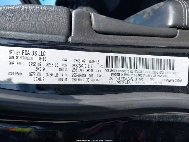 2018 Jeep Grand Cherokee Limited 4x2 მანქანა იყიდება აუქციონზე, vin: 1C4RJEBG0JC472114, აუქციონის ნომერი: 45939845