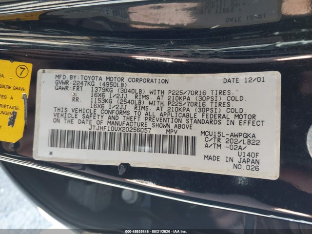 45939846 :رقم المزاد ، JTJHF10UX20256057 vin ، 2002 Lexus Rx 300 مزاد بيع