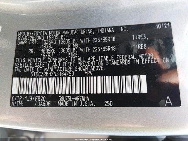 2022 Toyota Highlander L მანქანა იყიდება აუქციონზე, vin: 5TDCZRBH7NS164750, აუქციონის ნომერი: 45939857