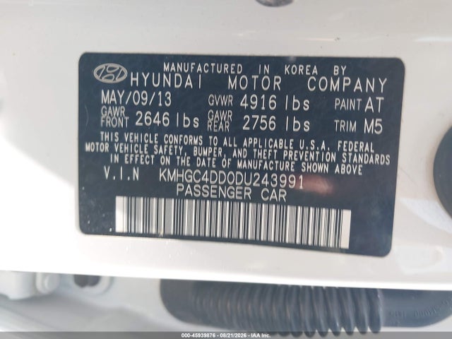 2013 Hyundai Genesis 3.8 მანქანა იყიდება აუქციონზე, vin: KMHGC4DD0DU243991, აუქციონის ნომერი: 45939876