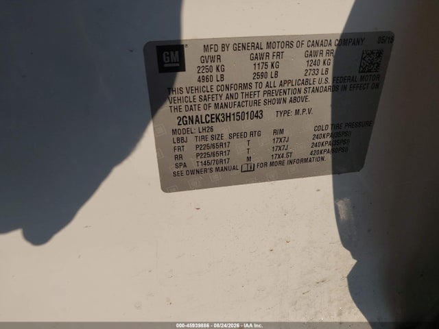 Aukcja sprzedaży 2017 Chevrolet Equinox Lt, vin: 2GNALCEK3H1501043, numer aukcji: 45939886