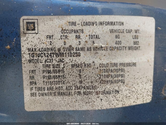 45939890 :رقم المزاد ، 1G1JC1247WM110250 vin ، 1998 Chevrolet Cavalier مزاد بيع