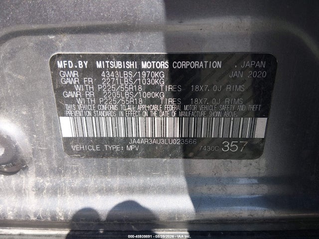 45939891 :رقم المزاد ، JA4AR3AU3LU023566 vin ، 2020 Mitsubishi Outlander Sport 2.0 Be Awc/2.0 Es Awc/2.0 Se Awc/2.0 Sp Awc مزاد بيع
