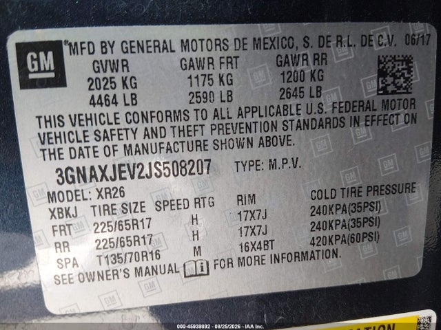 2018 Chevrolet Equinox Lt მანქანა იყიდება აუქციონზე, vin: 3GNAXJEV2JS508207, აუქციონის ნომერი: 45939892