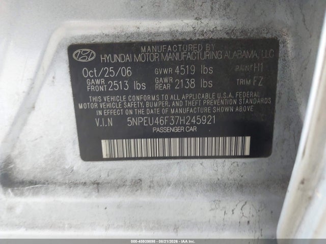 2007 Hyundai Sonata Limited/limited W/xm/se/se W/xm მანქანა იყიდება აუქციონზე, vin: 5NPEU46F37H245921, აუქციონის ნომერი: 45939898