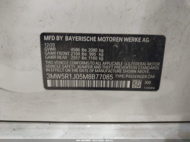 2021 Bmw 330i მანქანა იყიდება აუქციონზე, vin: 3MW5R1J05M8B77085, აუქციონის ნომერი: 45939900