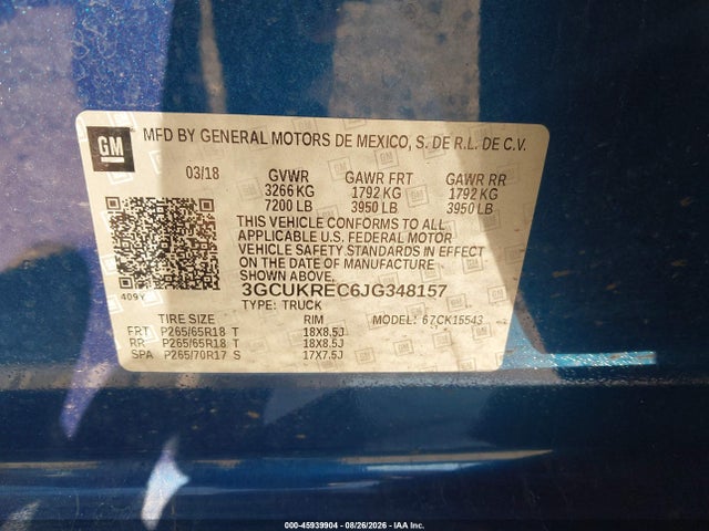 2018 Chevrolet Silverado 1500 2lt მანქანა იყიდება აუქციონზე, vin: 3GCUKREC6JG348157, აუქციონის ნომერი: 45939904