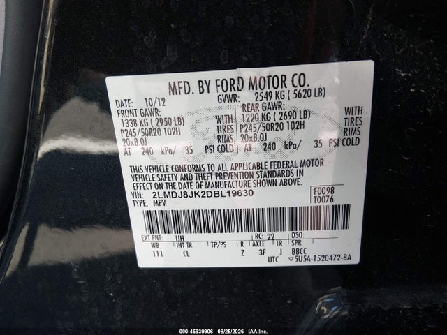 45939906 :رقم المزاد ، 2LMDJ8JK2DBL19630 vin ، 2013 Lincoln Mkx مزاد بيع