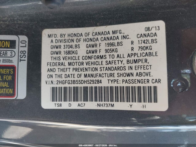 45939907 :رقم المزاد ، 2HGFG3B55DH529284 vin ، 2013 Honda Civic Lx مزاد بيع