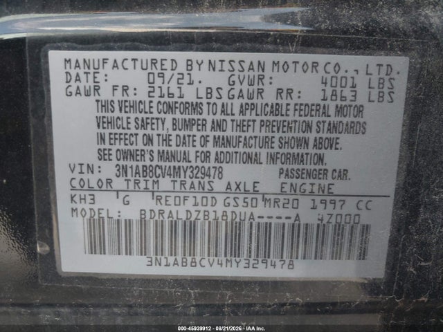 Продаж на аукціоні авто 2021 Nissan Sentra Sv Xtronic Cvt, vin: 3N1AB8CV4MY329478, номер лоту: 45939912