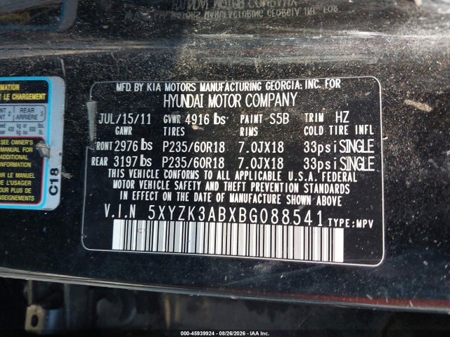 Aukcja sprzedaży 2011 Hyundai Santa Fe Limited, vin: 5XYZK3ABXBG088541, numer aukcji: 45939924
