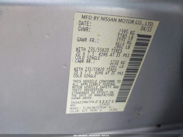 5N1AZ2MH7FN233371 Nissan Murano Platinum