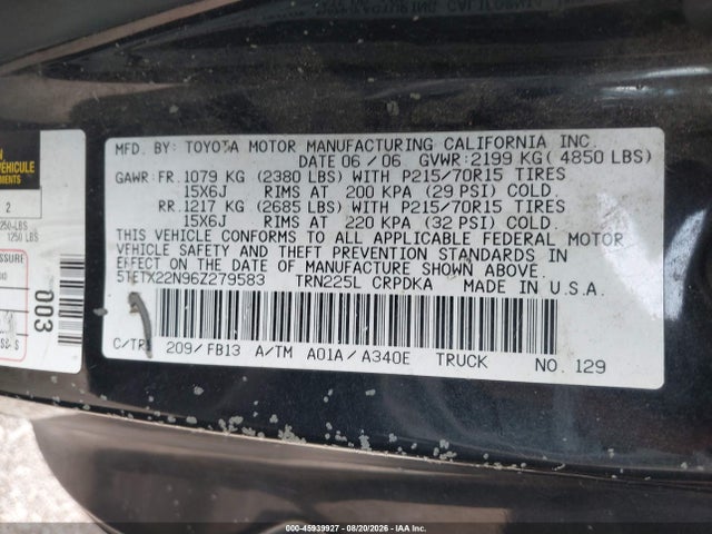 Продажа на аукционе авто 2006 Toyota Tacoma, vin: 5TETX22N96Z279583, номер лота: 45939927