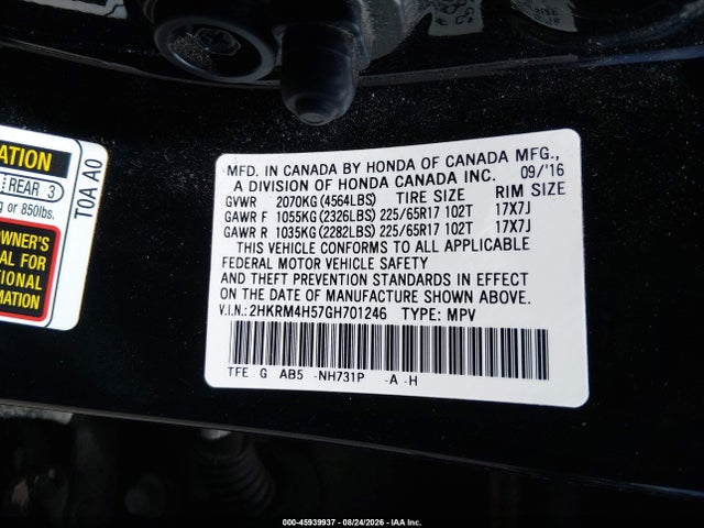 Auction sale of the 2016 Honda Cr-v Ex, vin: 2HKRM4H57GH701246, lot number: 45939937