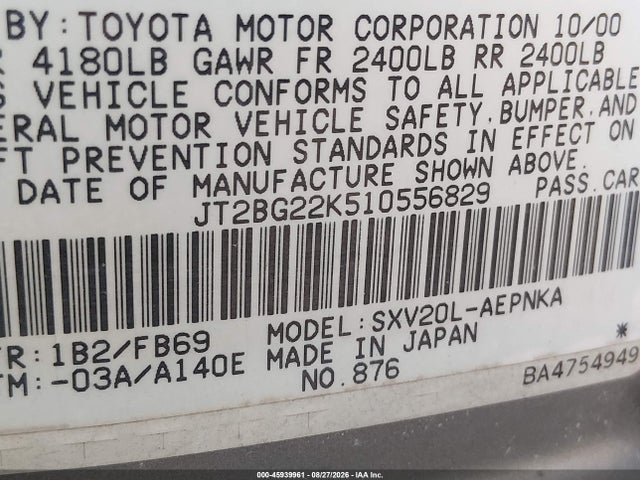 Aukcja sprzedaży 2001 Toyota Camry Le, vin: JT2BG22K510556829, numer aukcji: 45939961