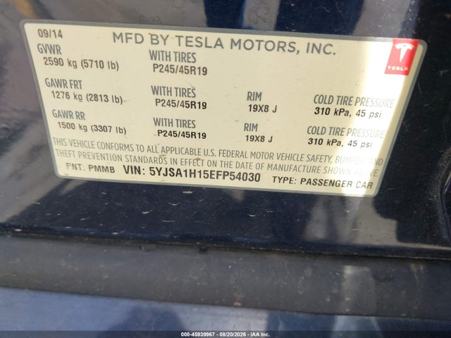 Tesla Model S P85 2014 5YJSA1H15EFP54030 Image 9