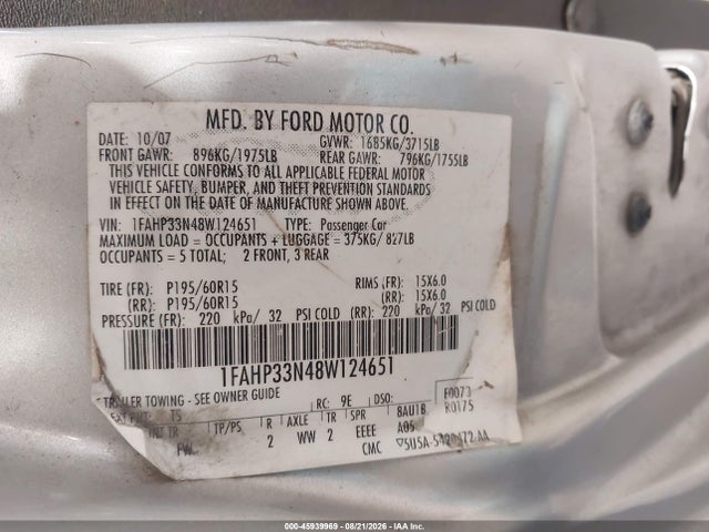 2008 Ford Focus Se/ses მანქანა იყიდება აუქციონზე, vin: 1FAHP33N48W124651, აუქციონის ნომერი: 45939969