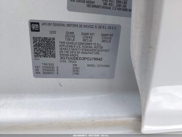 2023 Gmc Sierra 1500 4wd  Short Box Slt მანქანა იყიდება აუქციონზე, vin: 3GTUUDED3PG179942, აუქციონის ნომერი: 45939973