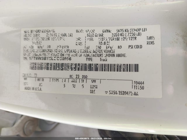 2020 Ford F-350 Xl მანქანა იყიდება აუქციონზე, vin: 1FT8W3BT5LEC66986, აუქციონის ნომერი: 45939975