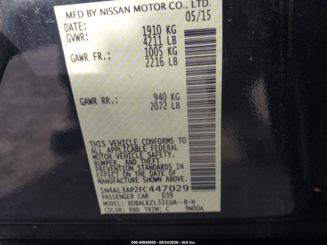 45940000 :رقم المزاد ، 1N4AL3AP2FC447029 vin ، 2015 Nissan Altima 2.5 Sv مزاد بيع