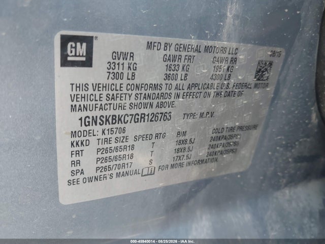 Aukcja sprzedaży 2016 Chevrolet Tahoe Lt, vin: 1GNSKBKC7GR126763, numer aukcji: 45940014