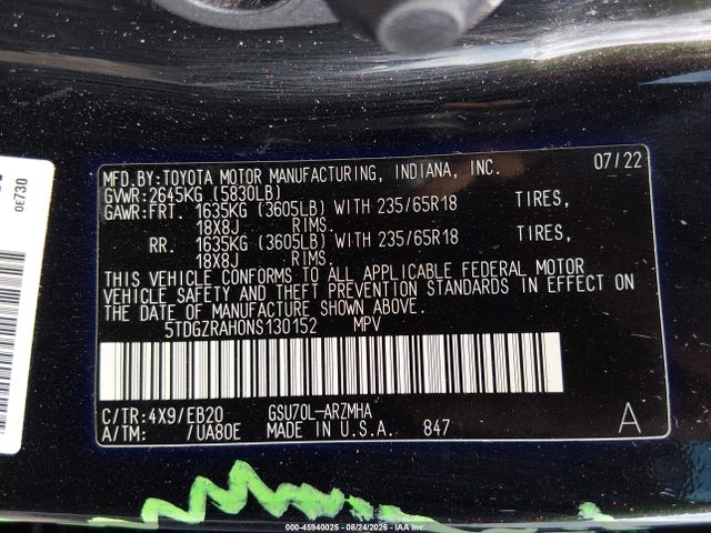 5TDGZRAH0NS130152 Toyota Highlander Xle