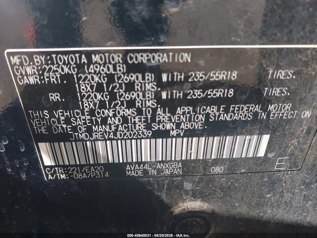 Продаж на аукціоні авто 2018 Toyota Rav4 Hybrid Limited, vin: JTMDJREV4JD202339, номер лоту: 45940031