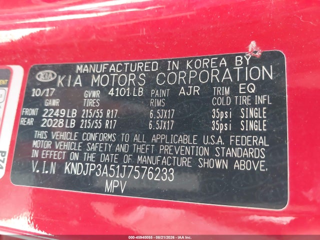 2018 Kia Soul + მანქანა იყიდება აუქციონზე, vin: KNDJP3A51J7576233, აუქციონის ნომერი: 45940055