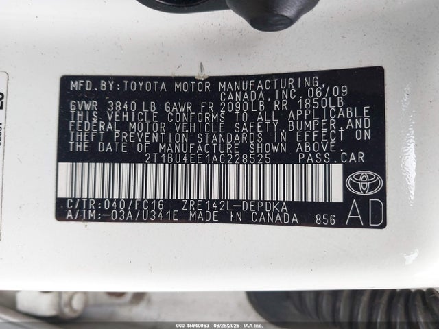 2010 Toyota Corolla Le მანქანა იყიდება აუქციონზე, vin: 2T1BU4EE1AC228525, აუქციონის ნომერი: 45940063