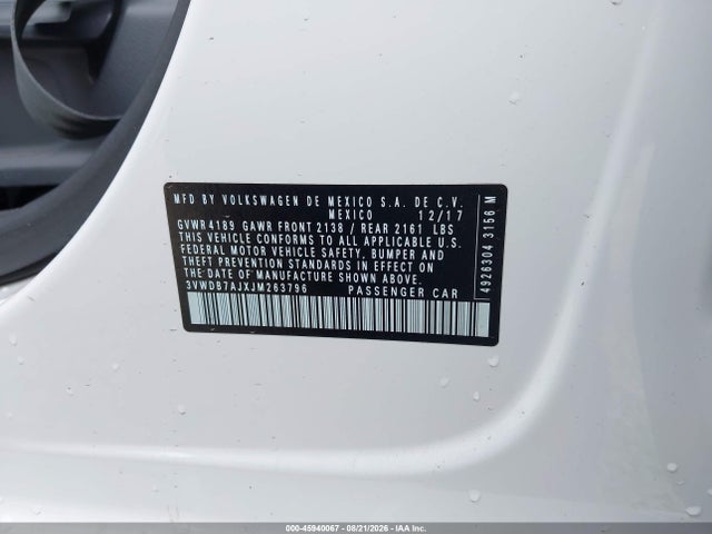 45940067 :رقم المزاد ، 3VWDB7AJXJM263796 vin ، 2018 Volkswagen Jetta 1.4t Se/1.4t Wolfsburg Edition مزاد بيع