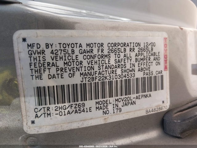 Aukcja sprzedaży 2001 Toyota Camry Le V6, vin: JT2BF22K310304533, numer aukcji: 45940069